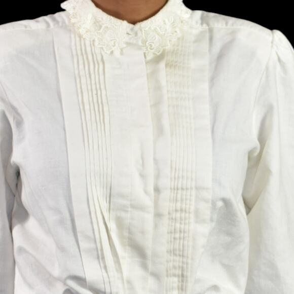 Vintage Peter Pan Collar Shirt White Shoulder Pads Gigot Embroidery Lace Large - Picture 4 of 16